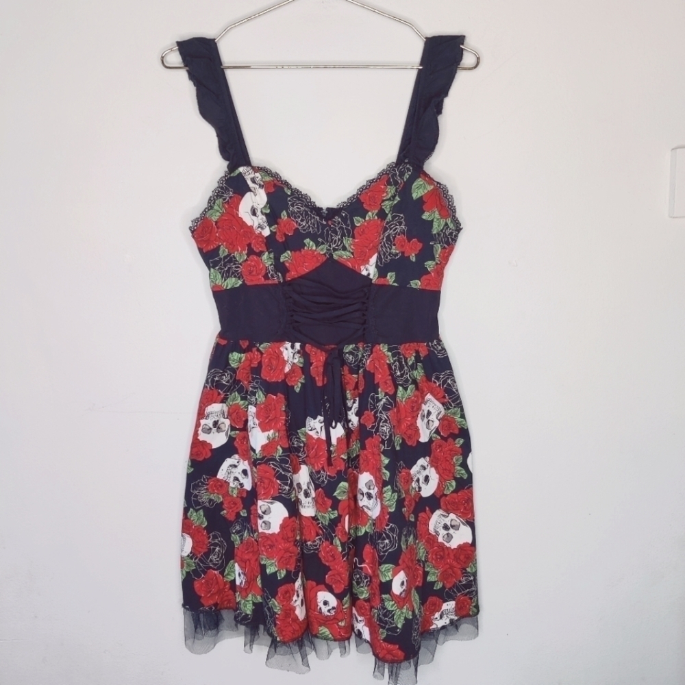 Hot Topic Sculls & Roses Skater Dress Sz M Goth Pin Up Ruffle Straps Skeletons